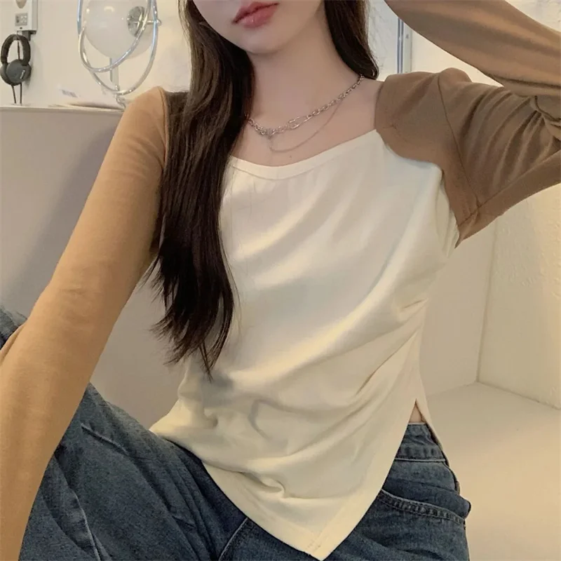 Shoulder Long Sleeve Top Women's Contrast 2023 New Versatile Fashion Advanced Slim Fit Spring Pure Short Commuter T-shirt P57