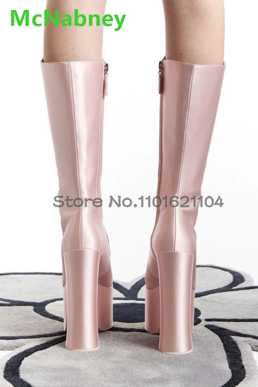 Pink Platform Square Heel Boots For Female Women 2024 Winter New Round Toe Hollow Buckle Design Mid-calf Elegant Fashion Shoes