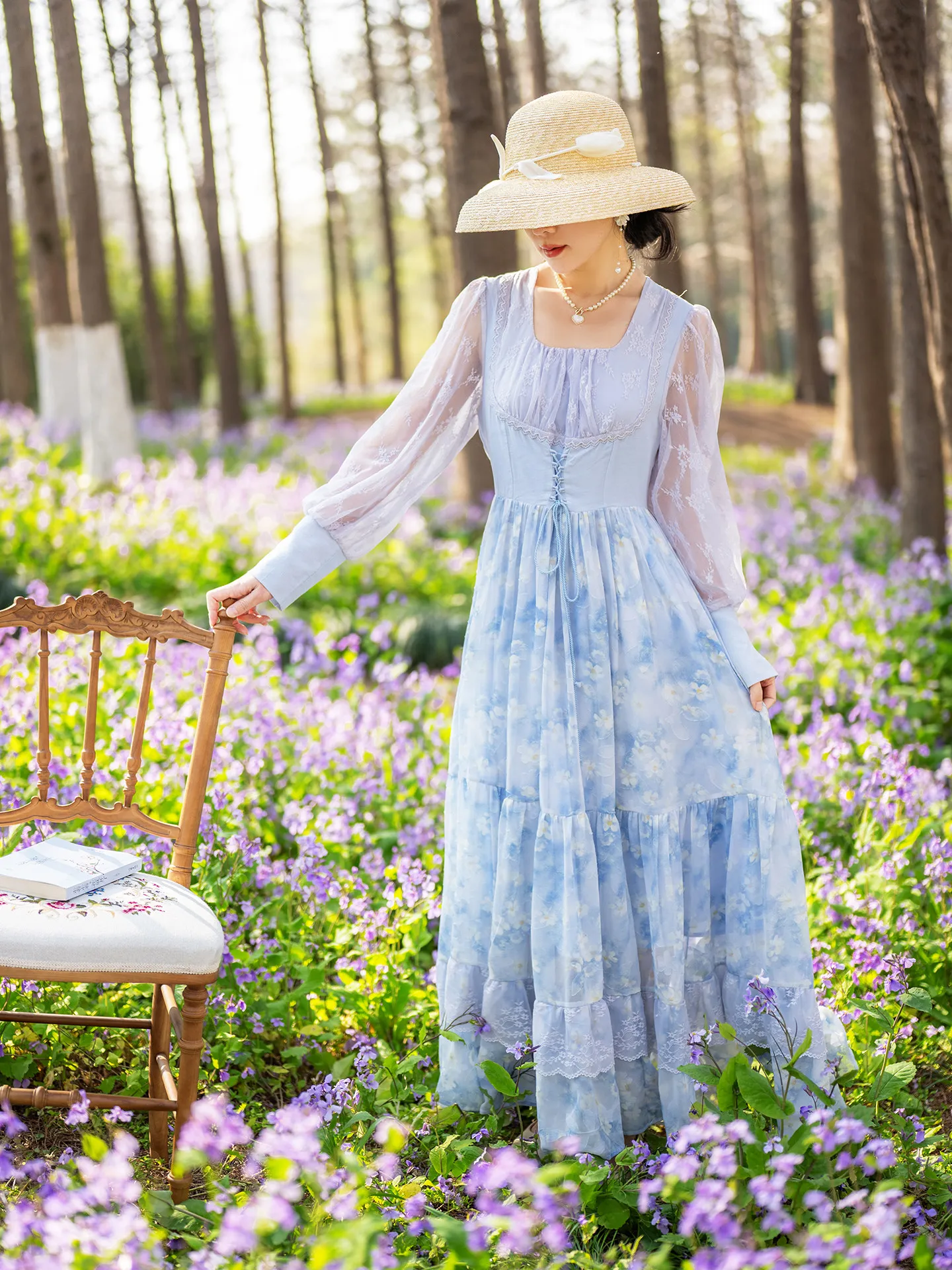 

TIYIHAILEY Womens Summer Spring Full Lantern Sleeve Blue Dresses High Waist S-XL Chiffon Lace Patchwork 2026 New Lace Up Printed