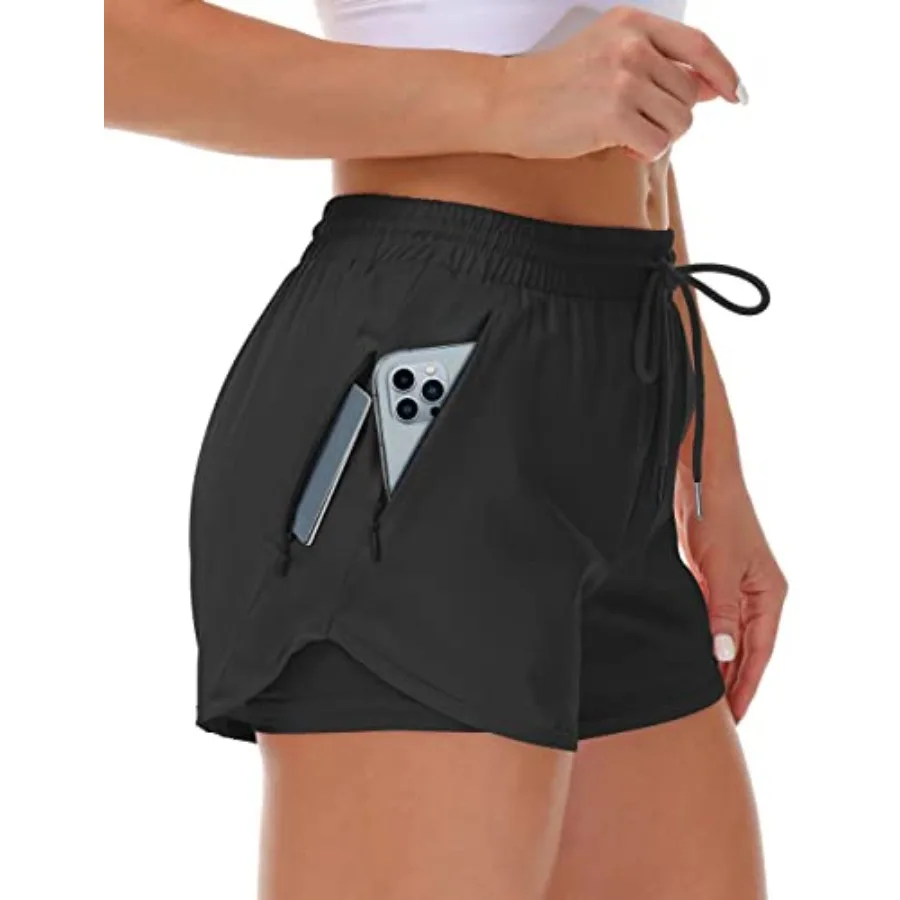 

Manca Women's Running Shorts with Liner 3 Zipper Pockets Elastic Workout Athletic Gym Yoga Shorts
