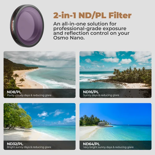 Imagen 2 del producto Freewell 4 paquetes de filtros ND/PL, ND8/PL,ND16/PL,ND32/PL y filtro ND64/PL, diseñado para adaptarse a tus accesorios de cámara DJI Osmo Nano