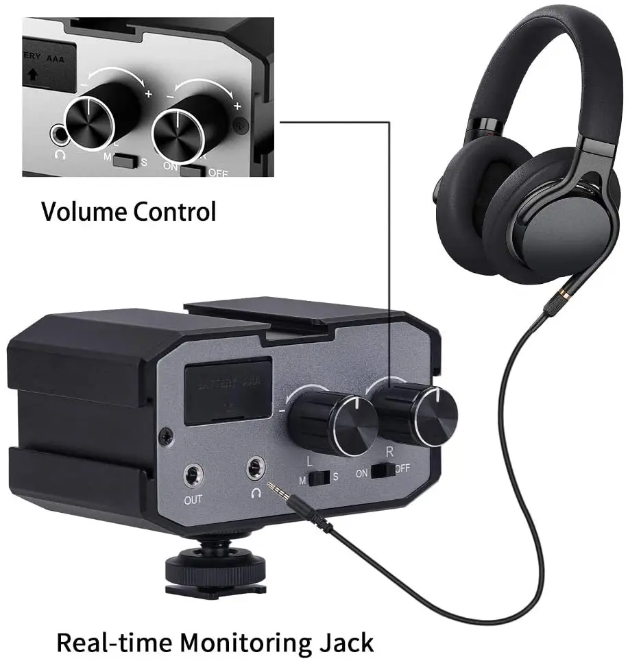 Comica CVM-AX1 DSLR محول الصوت ميكروفون محول خلاط الصوت مع مراقبة في الوقت الحقيقي قنوات مزدوجة 3.5 مللي متر ميناء كاميرا خلاط