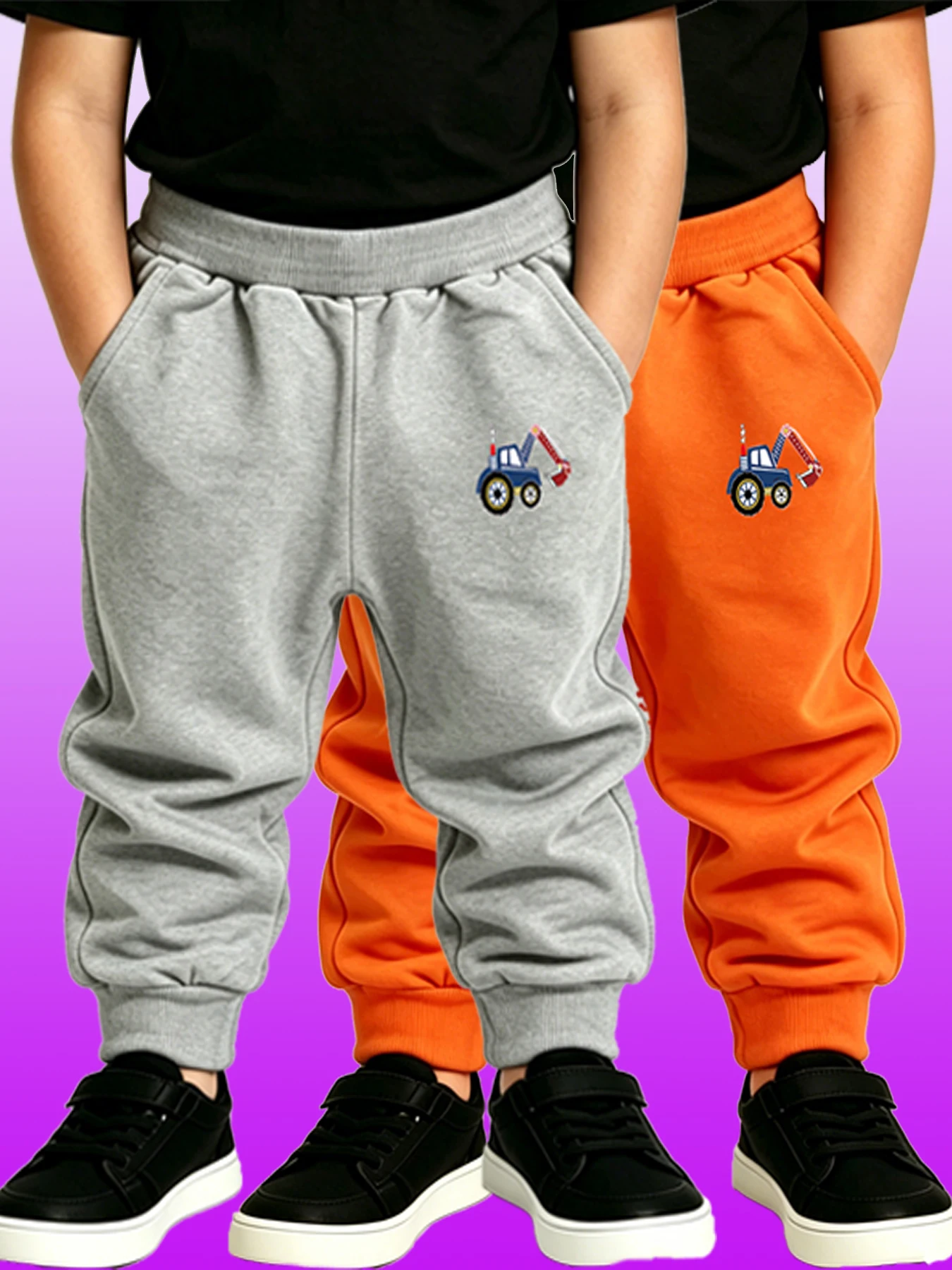2PCS Kids Excavator Print Sweatpants Casual Joggers for Boys Girls Gray/Orange Four Seasons Children's Trousers Enfant Garcon