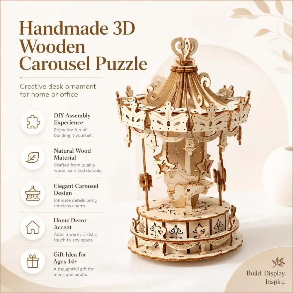 3D Puzzle Wooden Carousel Puzzle Assembled Model Handmade DIY Carousel Model Kit Creative Design Carousel Craft Kit