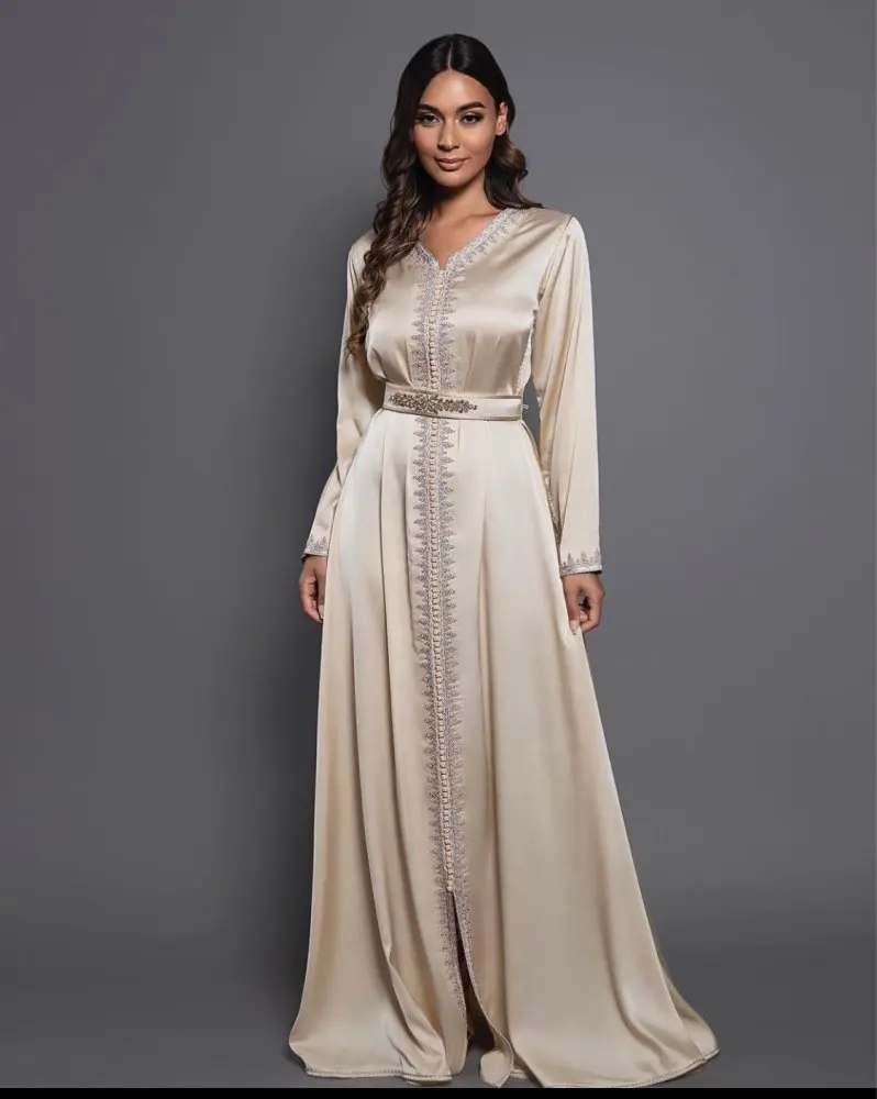 Champagne Moroccan Caftan Evening Gowns 2023 A-Line Long Sleeve Formal Occasion Dresses Dubai Prom Dress Plus Size