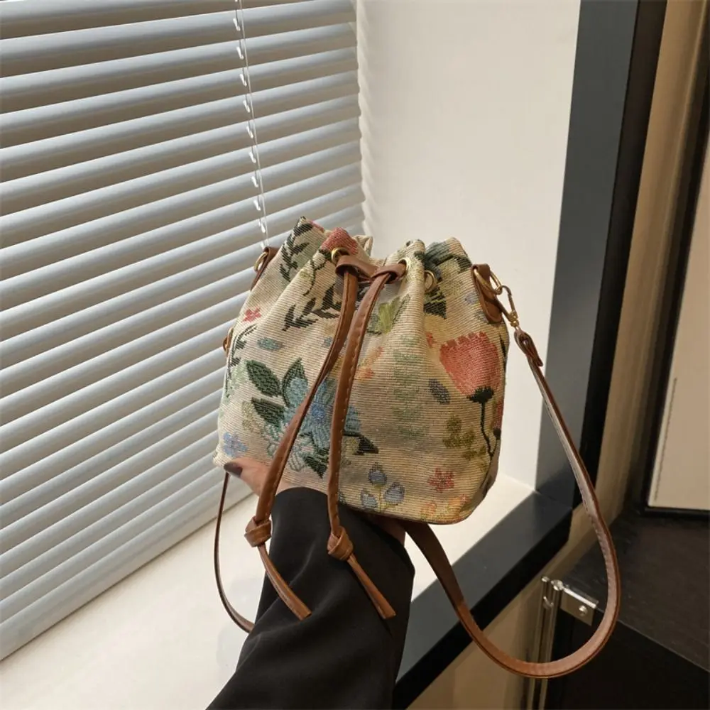 Fashion Linen Fabric Bucket Bag Floral Ethnic Style Crossbody Bag Handbag Women