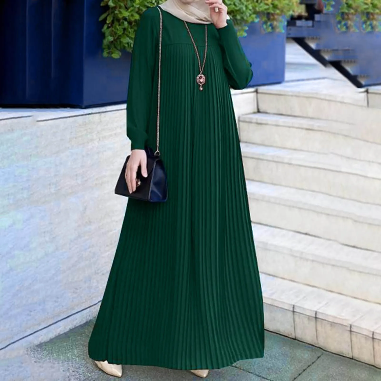 

Pleated Long Sleeve Muslim Dress Vintage Party Robe Lady Slim Fit Kaftan Maxi Vestido Casual Ladies Dubai Turkish Clothing