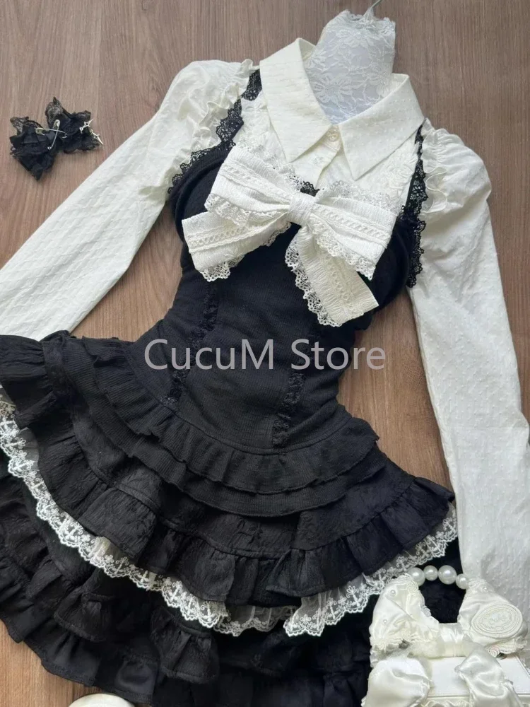 Japanese Style Kawaii Sweet Suit Hot Girl White Casual Shirt + High Waist Cute Lace Mini Skirt Party Lolita Sets Woman Chic