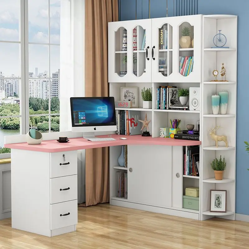 Solid wood desk bookshelf integrated simple home student learning writing table bookcase combination corner computer desktop tab