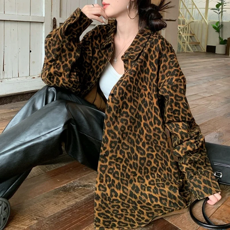 Winter New Women\'s Chic Leopard Shirt Jacket Sexy Elegant Loose Blouses Retro Top Streetwear Jacket Vintage Lady\'s Casual Coat