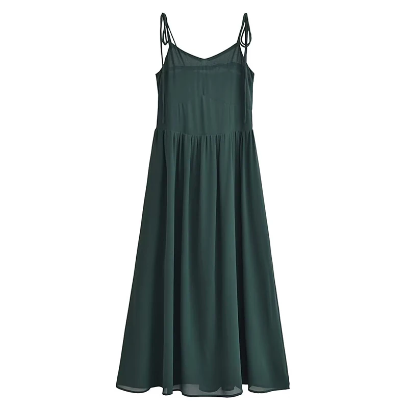 YENKYE Women French Style Green Sling Dress Sexy Sleeveless A-line Midi Female Summer Chiffon Dresses