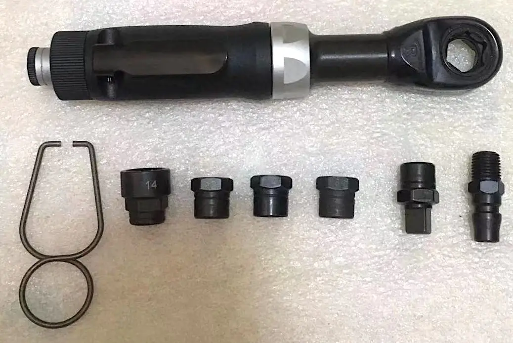 Trinquete pneumático com furo passante TY5T438 |   3/8" |   400 Rpm |   Chave de catraca industrial de 41Nm |   Adaptador de soquete de 10 mm, 12 mm, 14 mm