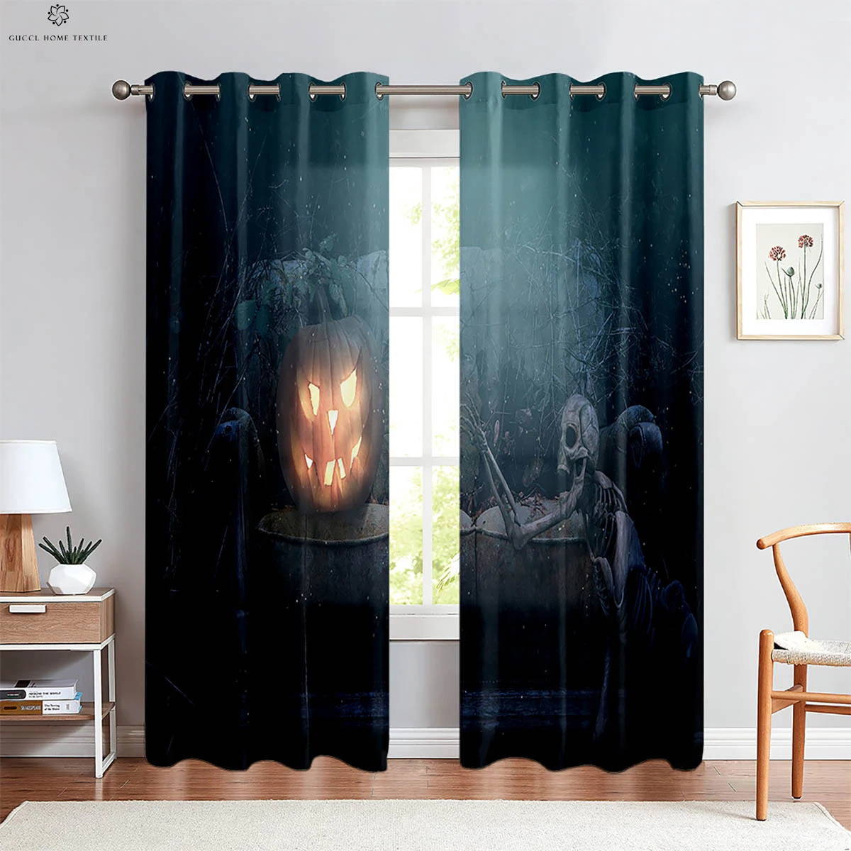 

Cartoon Print Curtains, Horror Skull, Pumpkin, Bedroom, Living Room, Restaurant, Holiday Party, Decorative, 2 Pcs