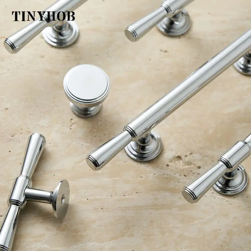Tinyhob Modern Bright Silver Brass Cupboard Wardrobe  Luxury Cabinet Knobs Furniture Door Handle Available in Multiple Sizes