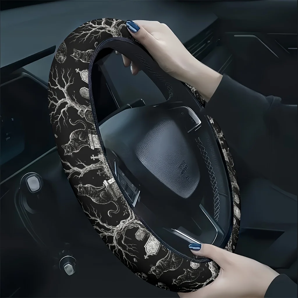 1pc Black Cat Cemetery Dead Tree Skull Night Scene Car Steering Wheel Cover, Soft And Breathable Texture, Relieves Hand
