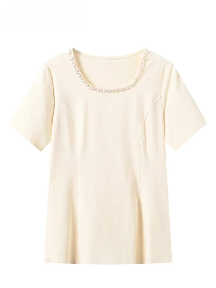 

Slim Fit Short Sleeve U-Neck T-Shirt Women's plus Size Summer Fashion Korean Style Cotton Blend Elastic Fiber Casual Top