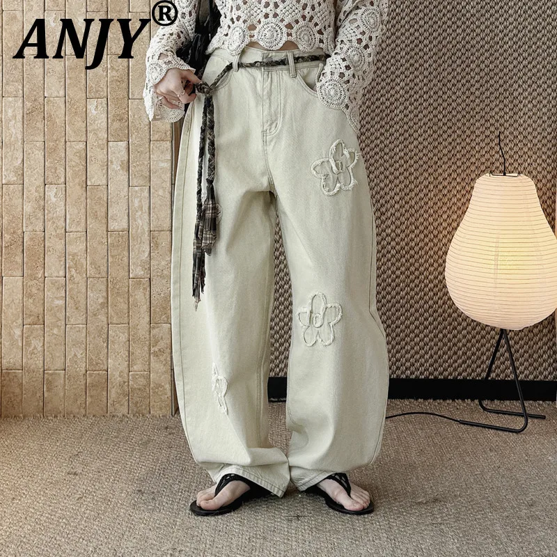 

ANJY Spring Autumn New Women Korean Style Fashion Design Floral Embroidered Loose Wide-Leg Jeans Trend Casual Denim Pants A21463
