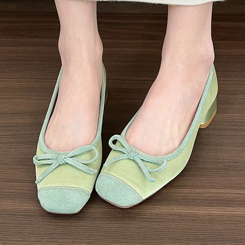 French Square Toe Bow Flats Shoes 2024 New Autumn Shallow Fairy All-match Gentle Office Dress Low Heels Pumps Female Ballerina