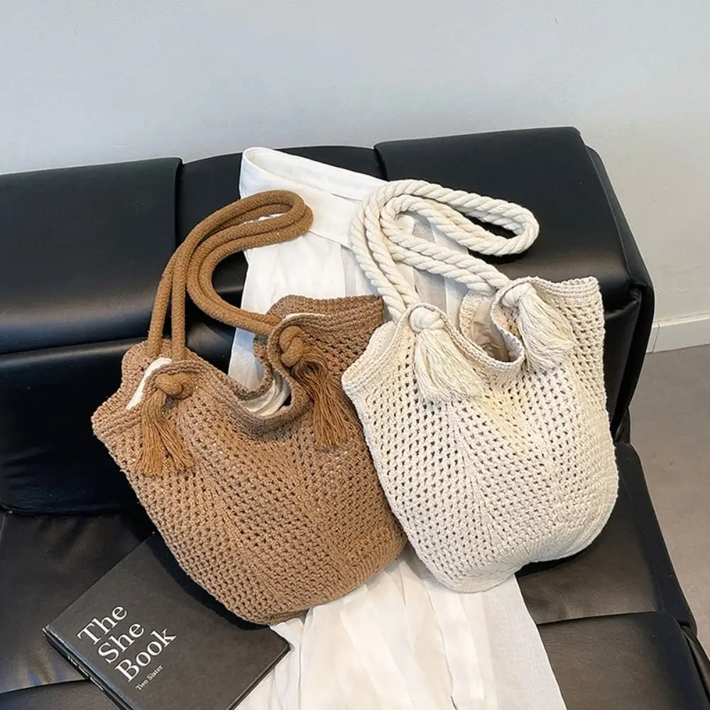 

Богемная вязаная сумка на плечо, милая однотонная повседневная тканая сумка, большая вместительная выдолбленная пляжная сумка для улицы/путешествий