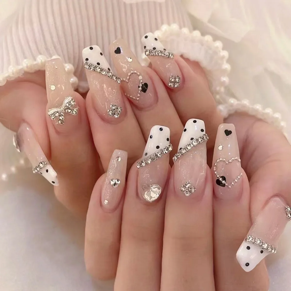 24Pcs Glossy Medium Press on Nails with Black Polka Dot Design Full Cover Ballet  False Nails with Rhinestone for Women&Girls