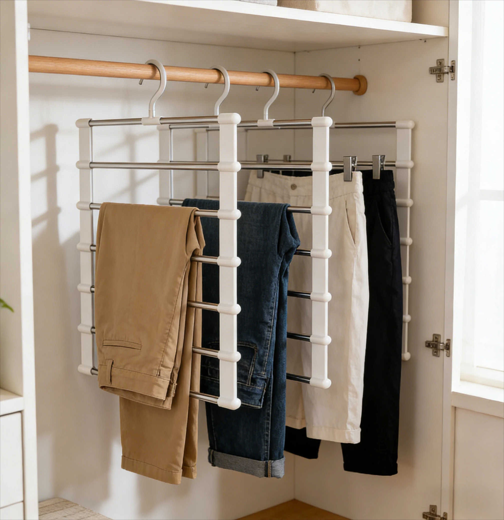 Foldable Pants Hanger Multi Layer Non Slip Clips Space Saving Closet Organizer Trousers Storage Collapsible Hanging System