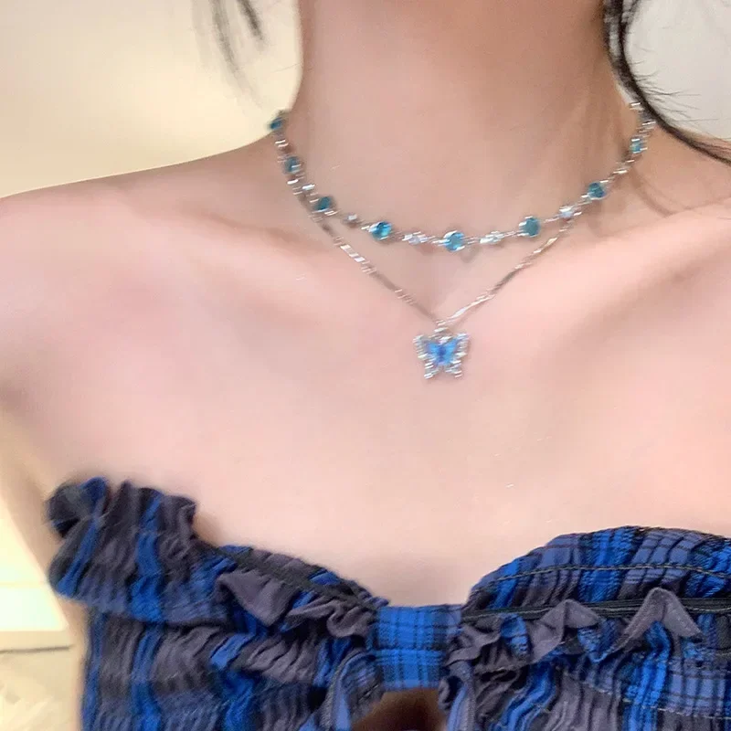 Double Stacked Blue Butterfly Zircon Necklace Light Luxury High-End Collarbone Chain Fashion Design Niche Summer Accessories