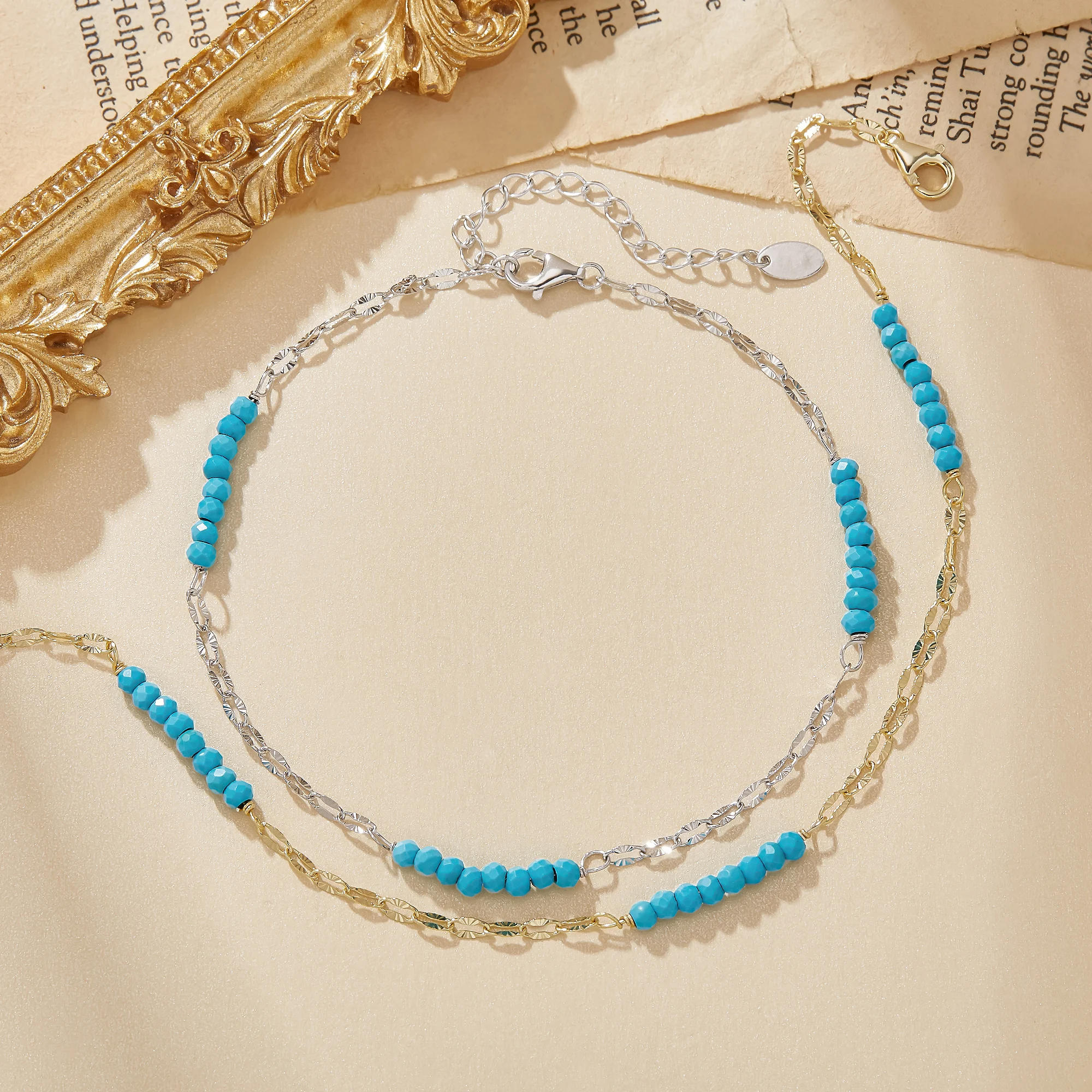 Simulated Blue Turquoise Beads Anklet Solid 925 Sterling Silver Adjustable Foot chain Anklet Bracelet Gift For Mom 6690060