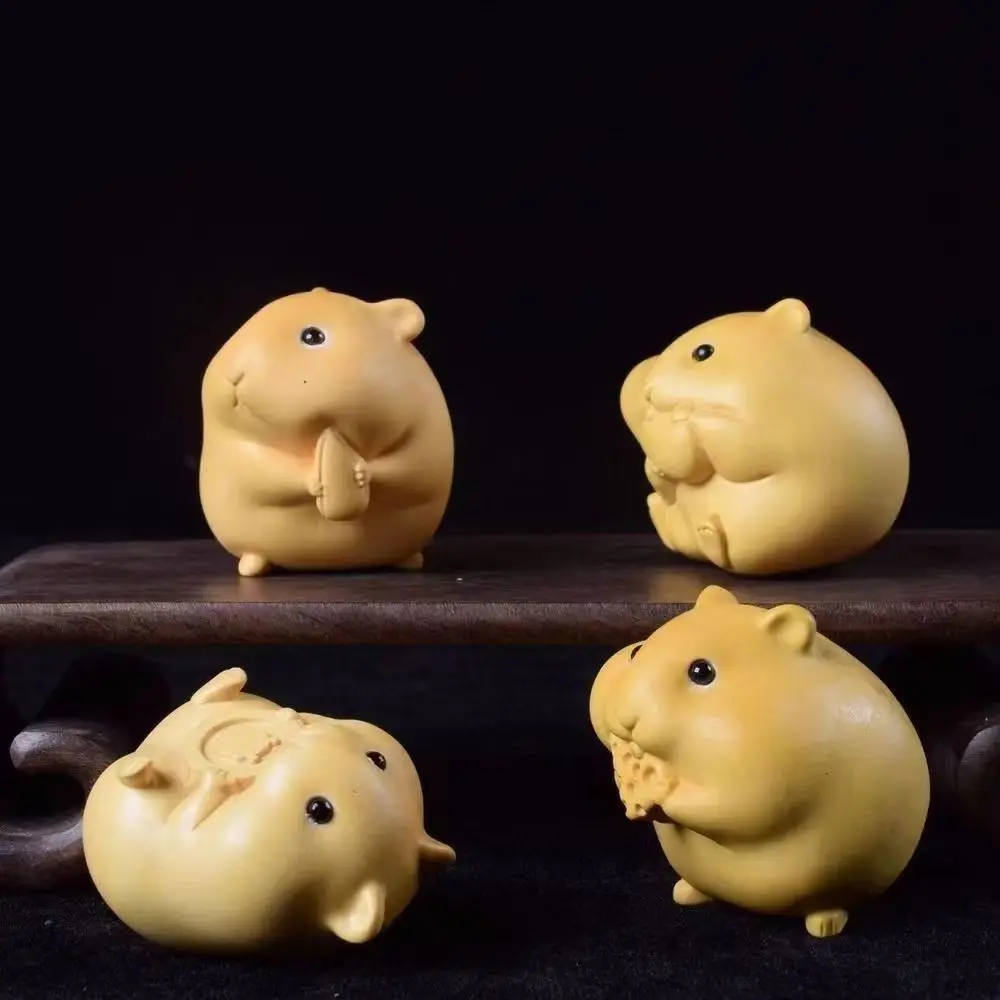 Four small hamsters made of boxwood, finely carved solid wood ornament, cute and soothing for children, attracting the God of We
