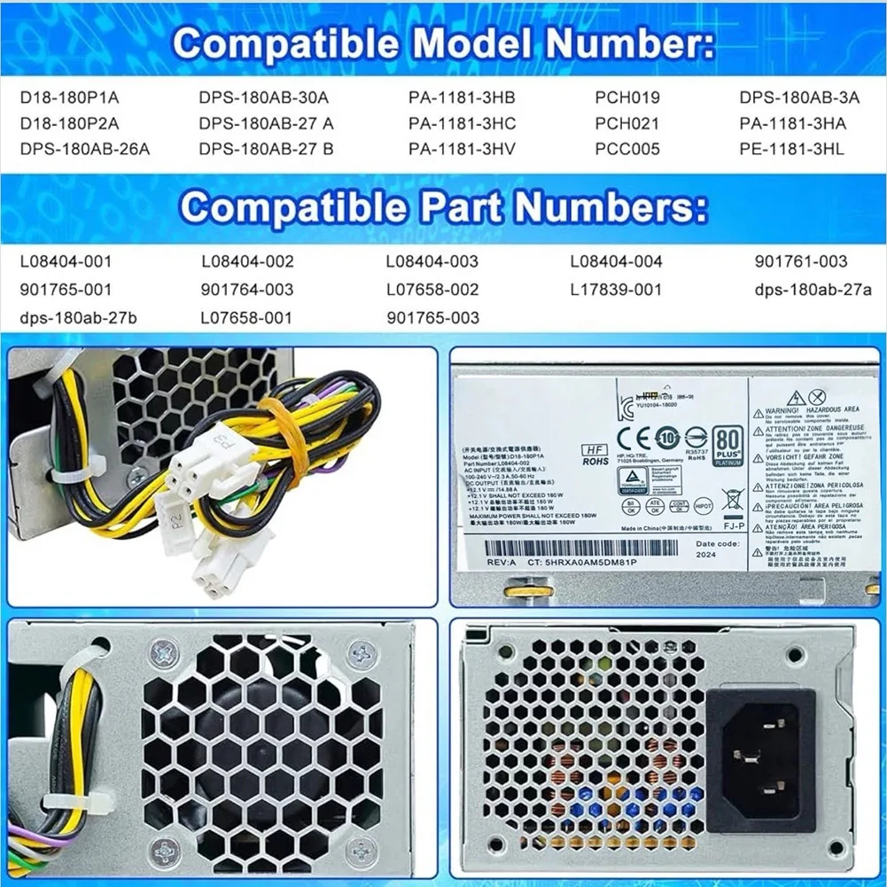 مصدر طاقة 180 وات متوافق مع HP 280 G3 400 SFF PA-1181-3HB موديل L08404-002 مجهز بموصلات 4+4+7 Pin