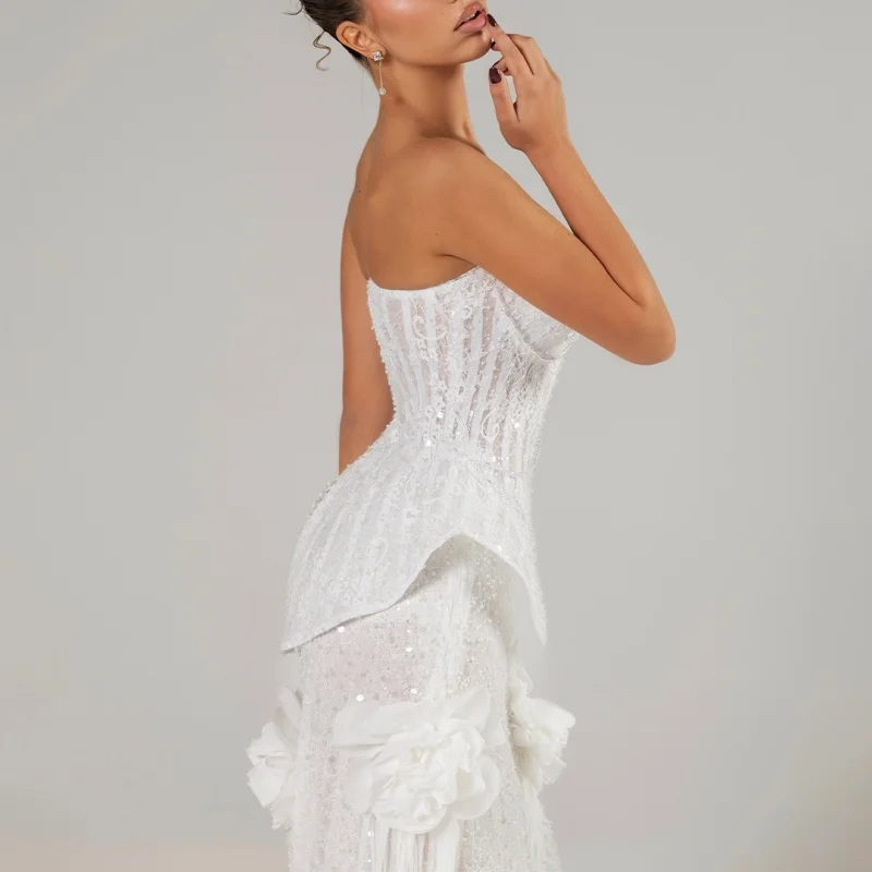 Shiny White Appliques Wedding Dresses off-shoulder fishtail Sequin decal 3D flower decal Long tail Bridal Gowns Made Customized