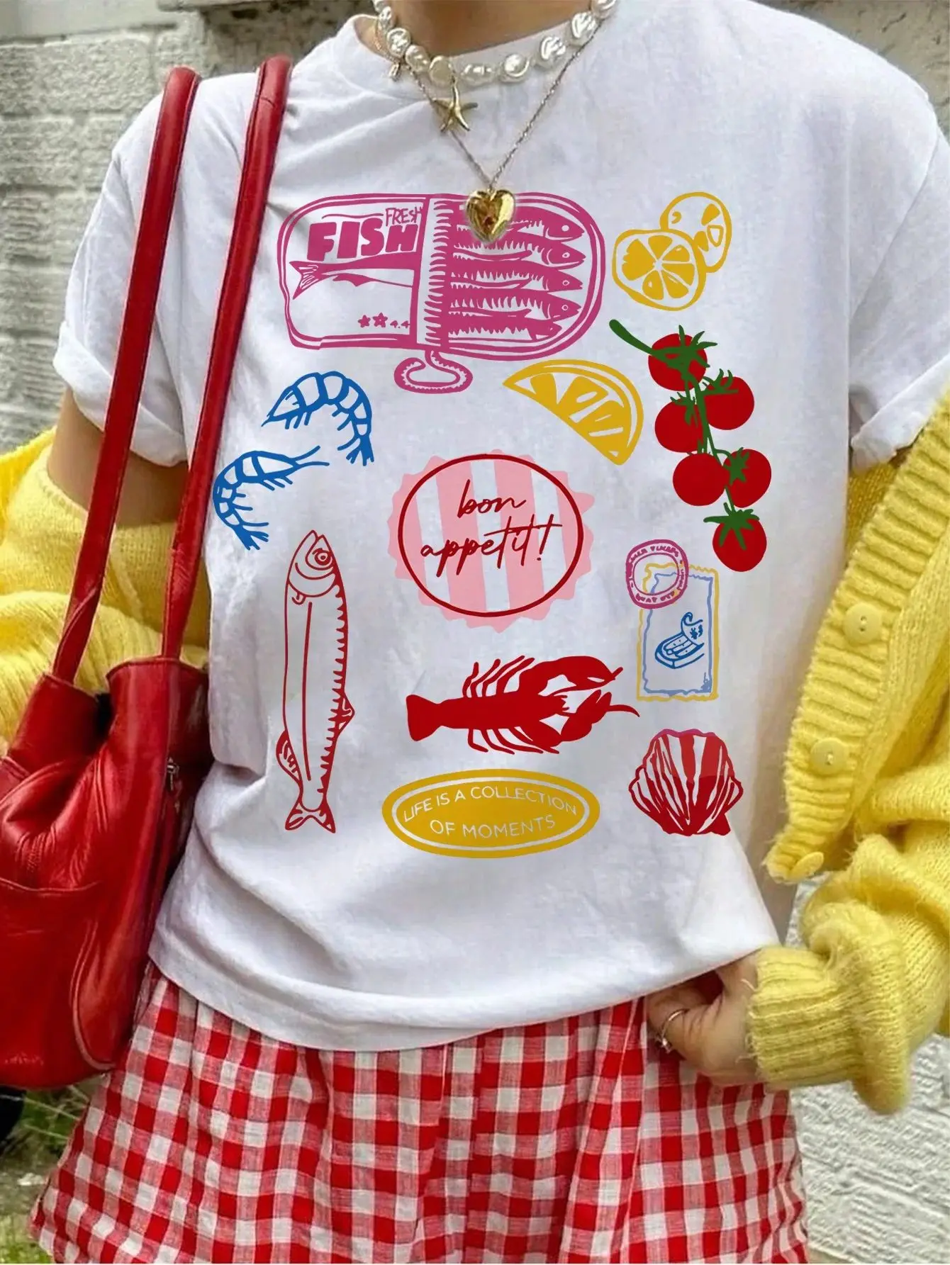 Seafood Fruit Pattern Print Tshirt Fashion Casual Short Sleeved T-shirt Y2k Loose Graphic Tops Vintage Oversized Clothing Unisex
