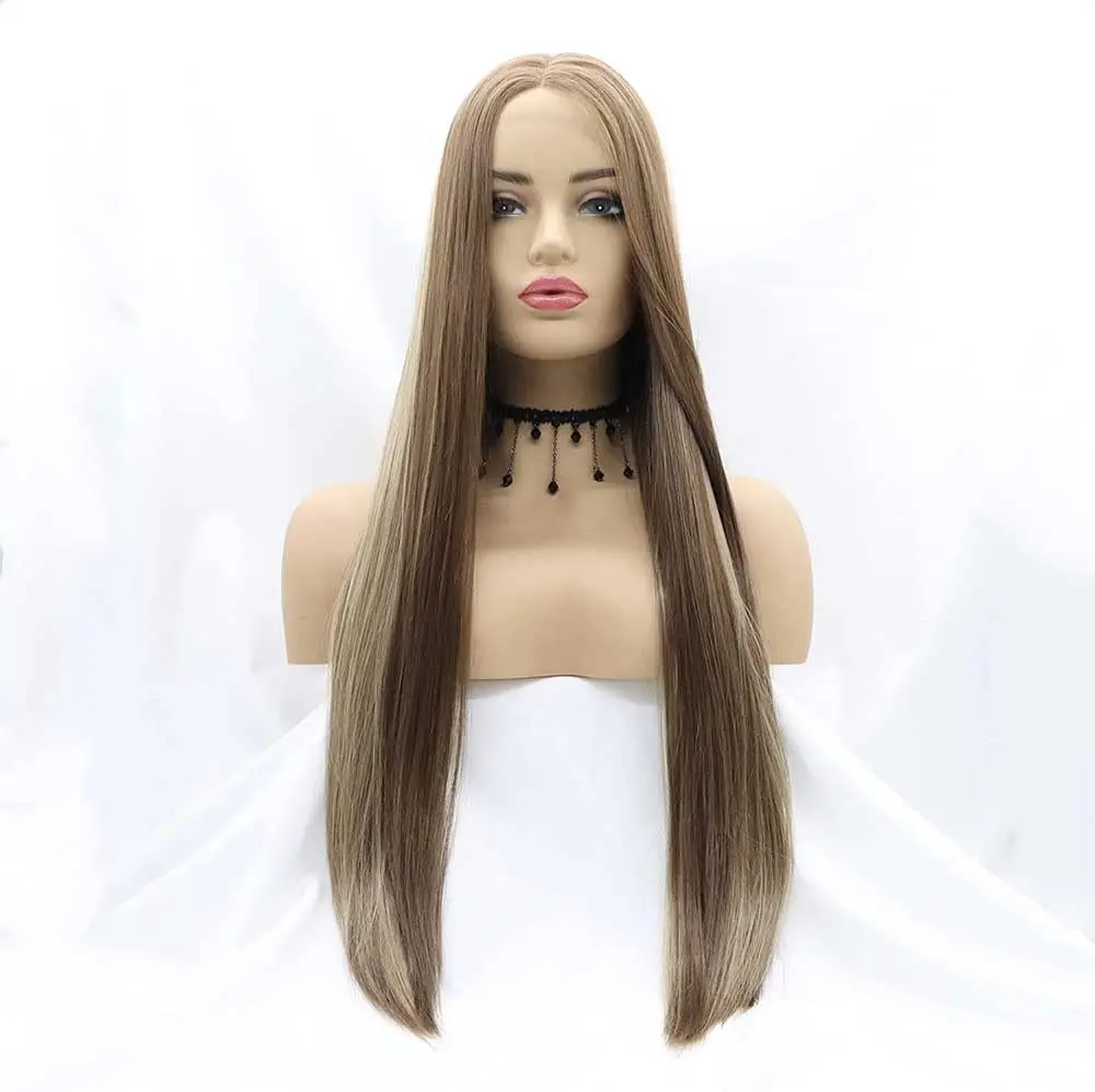 

Парик Мелодия Блондинка Коричневый Парики смешанного цвета Длинные блики Шелковистые прямые синтетические парики фронта шнурка Термостойкие