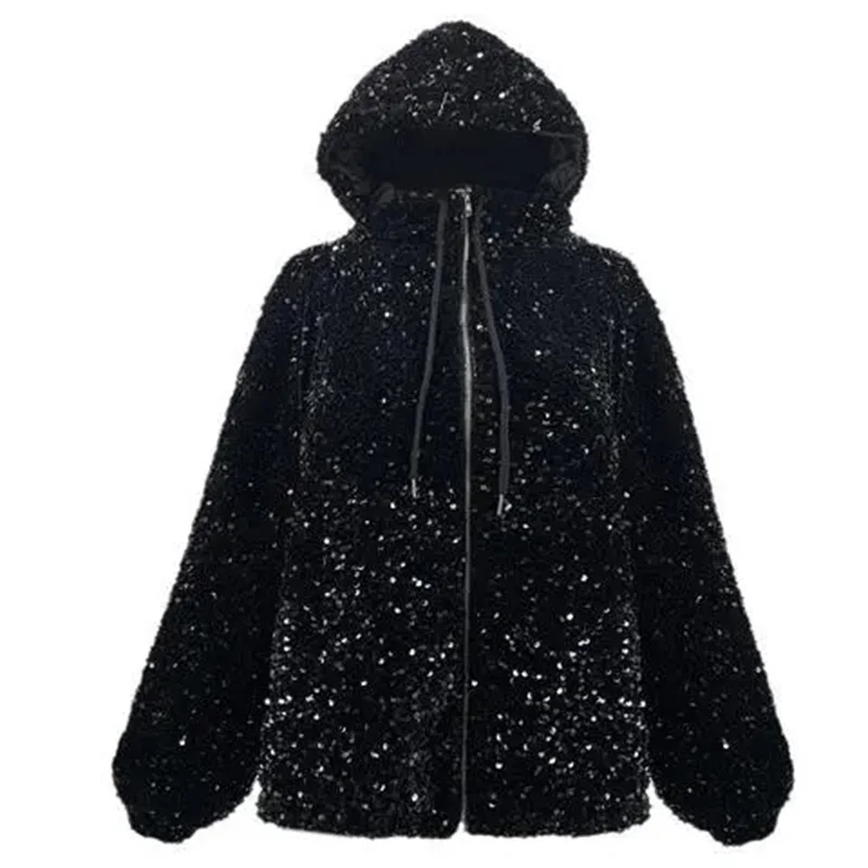 Sparkling Sequin Starry Sky Hooded Coat for Women Spring 2023 New Korean Version Loose Short Thickened Cotton Coat Tide Commuter