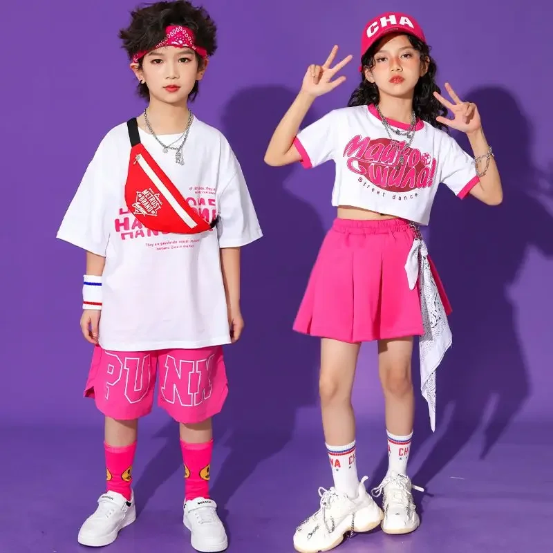 

Girls Hip Hop Pink Crop Top Rose Plaid Skirts Boys T-shirt Street Dance Shorts Child Sweet Summer Clothes Sets Kids Jazz Costume