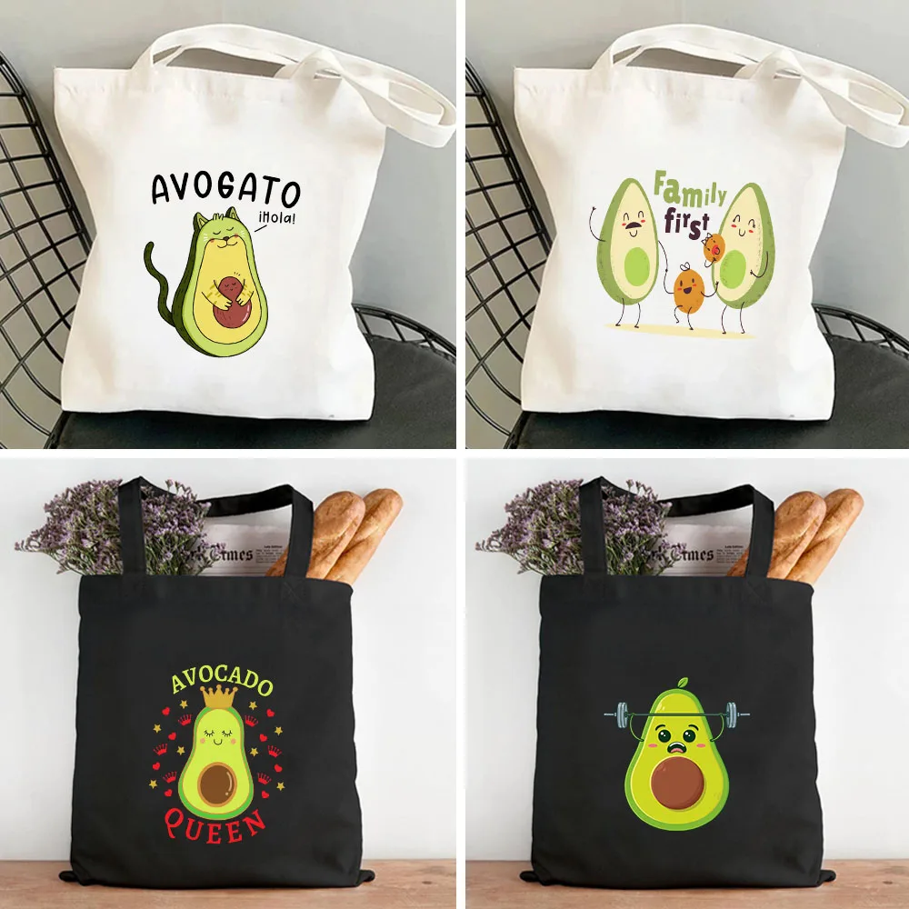 Cute kawaii Avocado Dog Cat Queen Happy Avocuddle Women's Canvas Tote Bag Shopper Cotton Handbag Shoulder Eco Books Shopping Bag