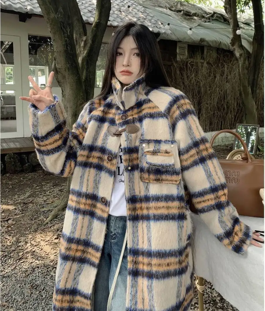 

Wool Blend Coats Womens Woolen Coat Thickened Plaid Fall Chenille Double-Breasted Artistic Modern Style Club Gentle Fashionable