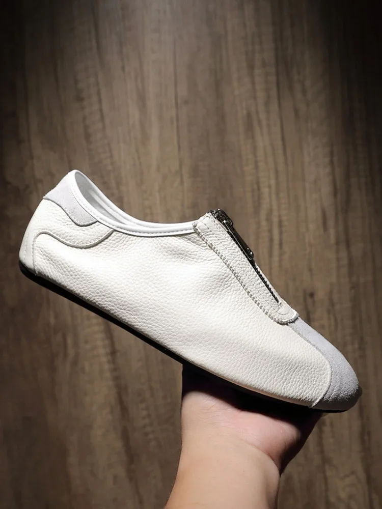 Mens Comfortable Flats Low Cut Zip Slip On Loafers Casual Shoes Cowhide Genuine Leather Shoes Spliced Joggers Trainers Sneakers