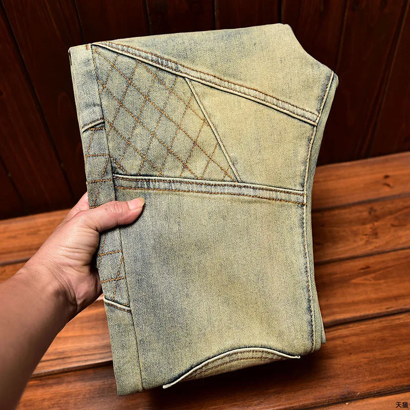 

Vintage Jeans Men's Washed Yellow Mud Color Slim Fit Skinny Pants Stretch Street Trend Distressed Fashion Straight Trousers