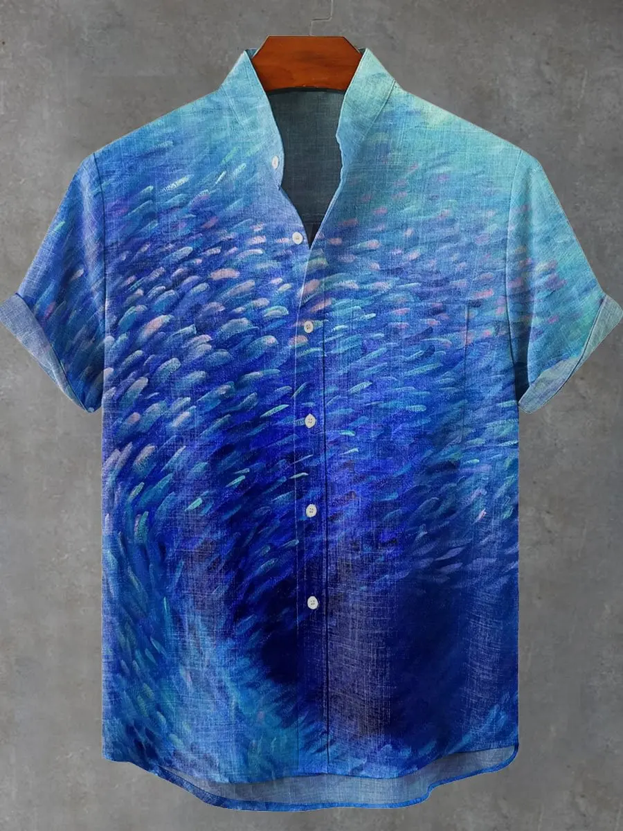 

New Men's Short Sleeve Summer Shirt 3D Dragonfly Pattern Printed Casual Fashion Linen Men's Short Sleeve Shirt