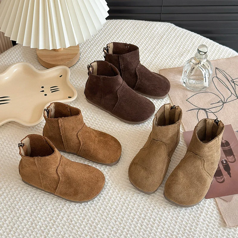 

2025 Autumn & Winter Toddler Girls' Boots Brown Retro children's Ankle Boots Back Zip Soft Sole Comfortable Casual Kids' Shoes