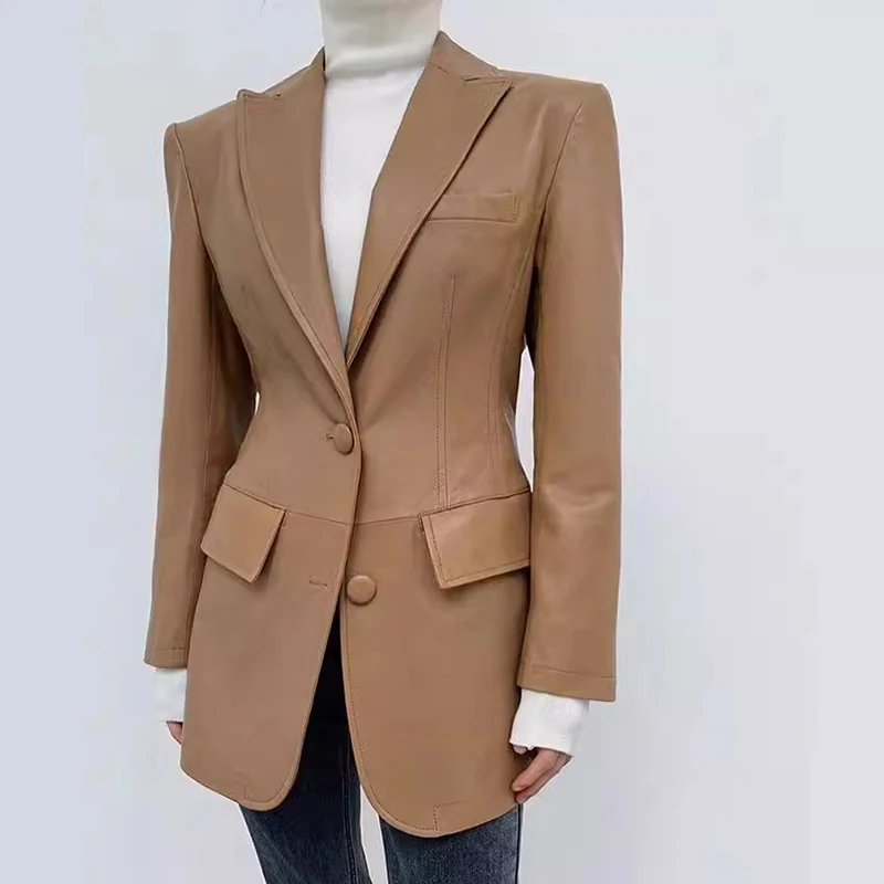 Leather Suit Jacket Spring Autumn Women Fashion Waist Closing Slim Camel/Apricot Sheepskin Coat Blazer Mujer Lederjacke Damen