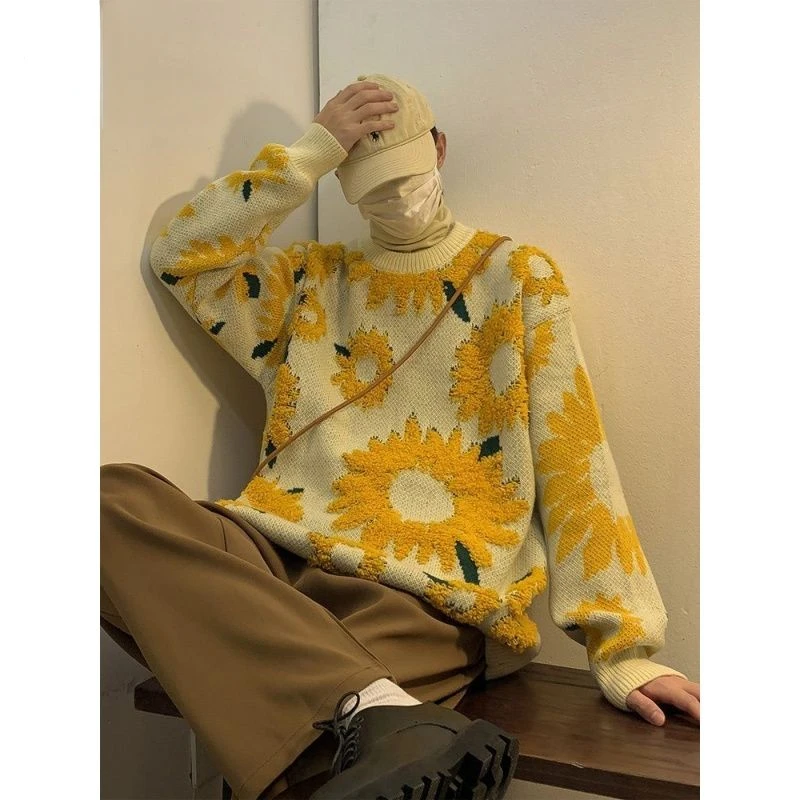 Vintage Sunflower Sweater Men Clothes Autumn Winter Warm Pullover Streetwear Loose Big Size Knit Couple Clothing O-neck Sweater