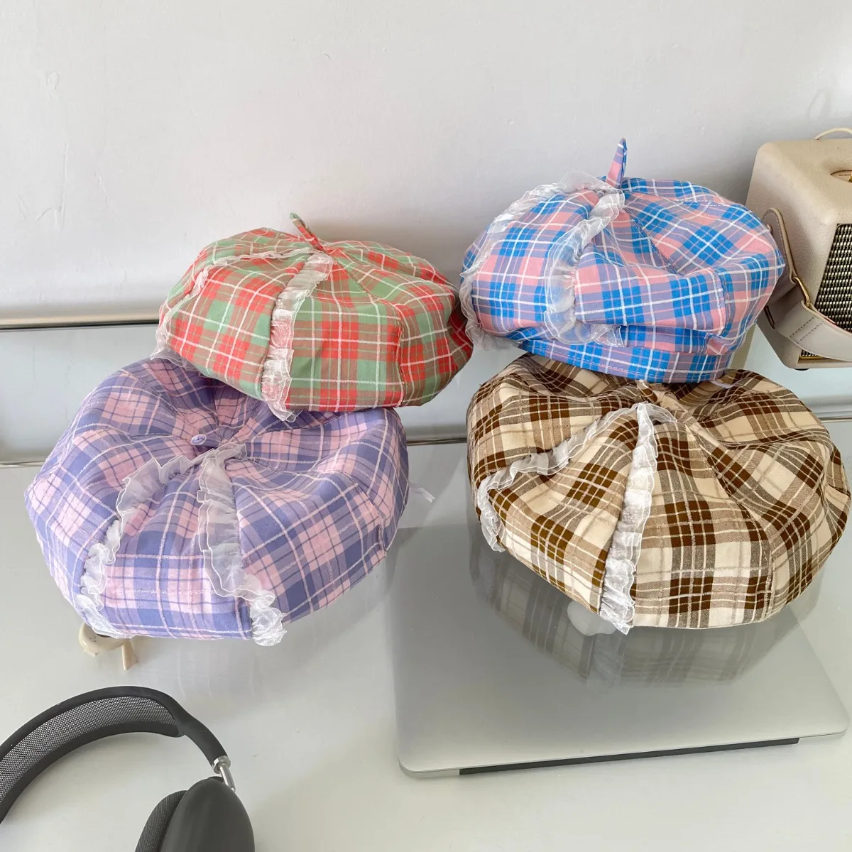 Damen-Baskenmütze, japanische Y2k-Spitze, kariert, süß, niedlich, Kawaii-Dopamin-Baskenmütze, modisch, trendig, bequem, atmungsaktiv, Hüte für Mädchen