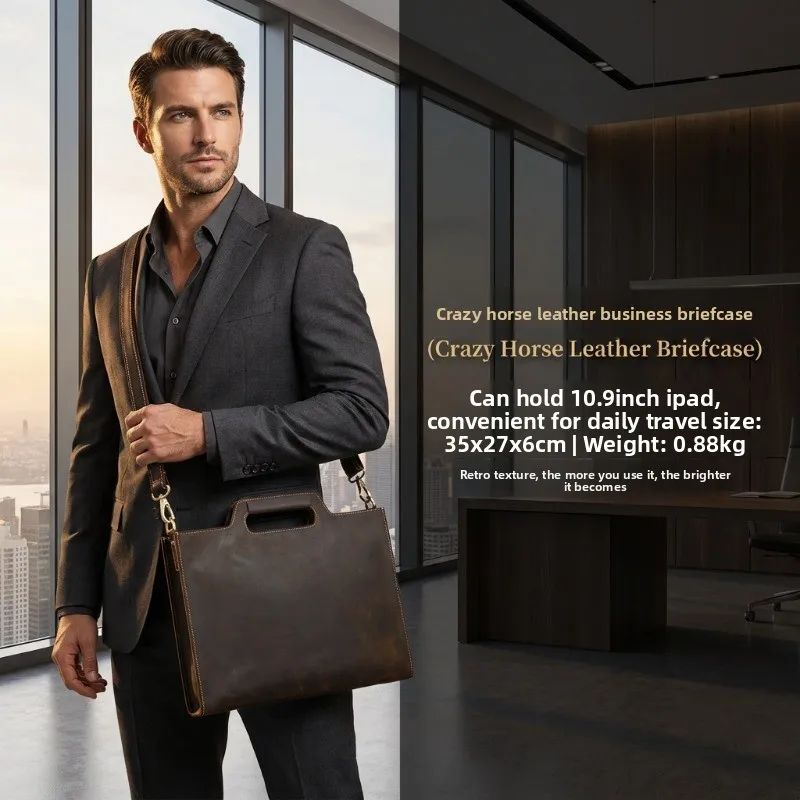 Vintage Men's Crazy Horse Leather Briefcase, Genuine Leather Handbag, Luxury Business Messenger Bag for 10