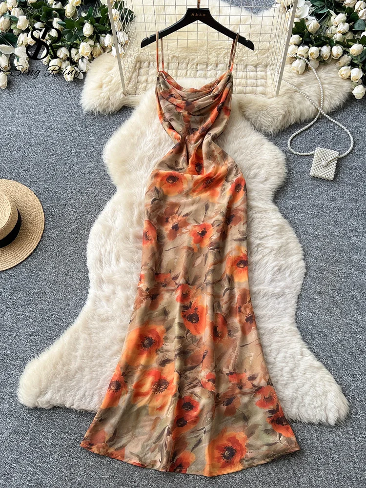 SINGREINY Lazy Vintage Print Dress Summer Sexy French Floral Swinging Collar Holiday Feminine Sensual Classy Bodycon Long Dress