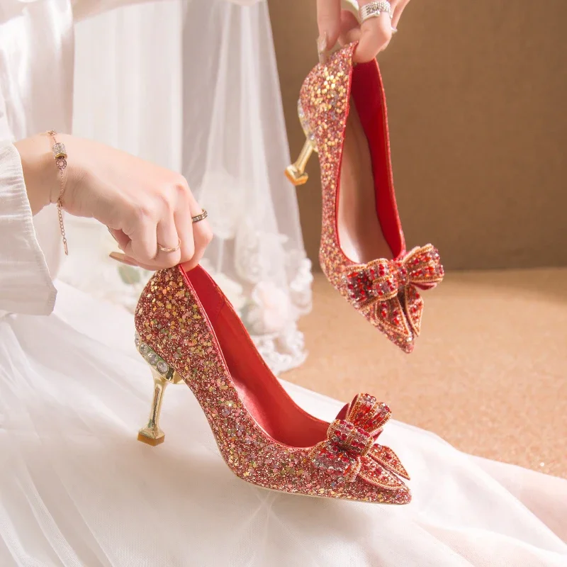 Women's Rhinestone Wedding Shoes New Year Shoes Luxury Buckle Decorative Banquet Women's Shoes High Heels Gold Silver Red