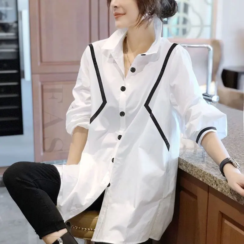 Commute Korean Loose Shirt Female Clothing Single-breasted 2024 Spring Autumn Casual Lapel Fashion Bright Line Decoration Blouse