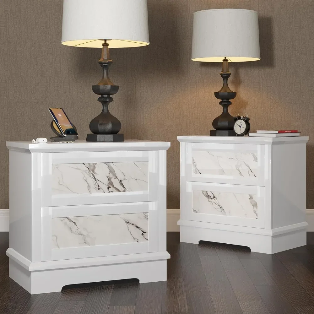 

Luxury Natural Marble Nightstand Set of 2 with Drawers, High Gloss Side Tables in Living Room, Storage End Table