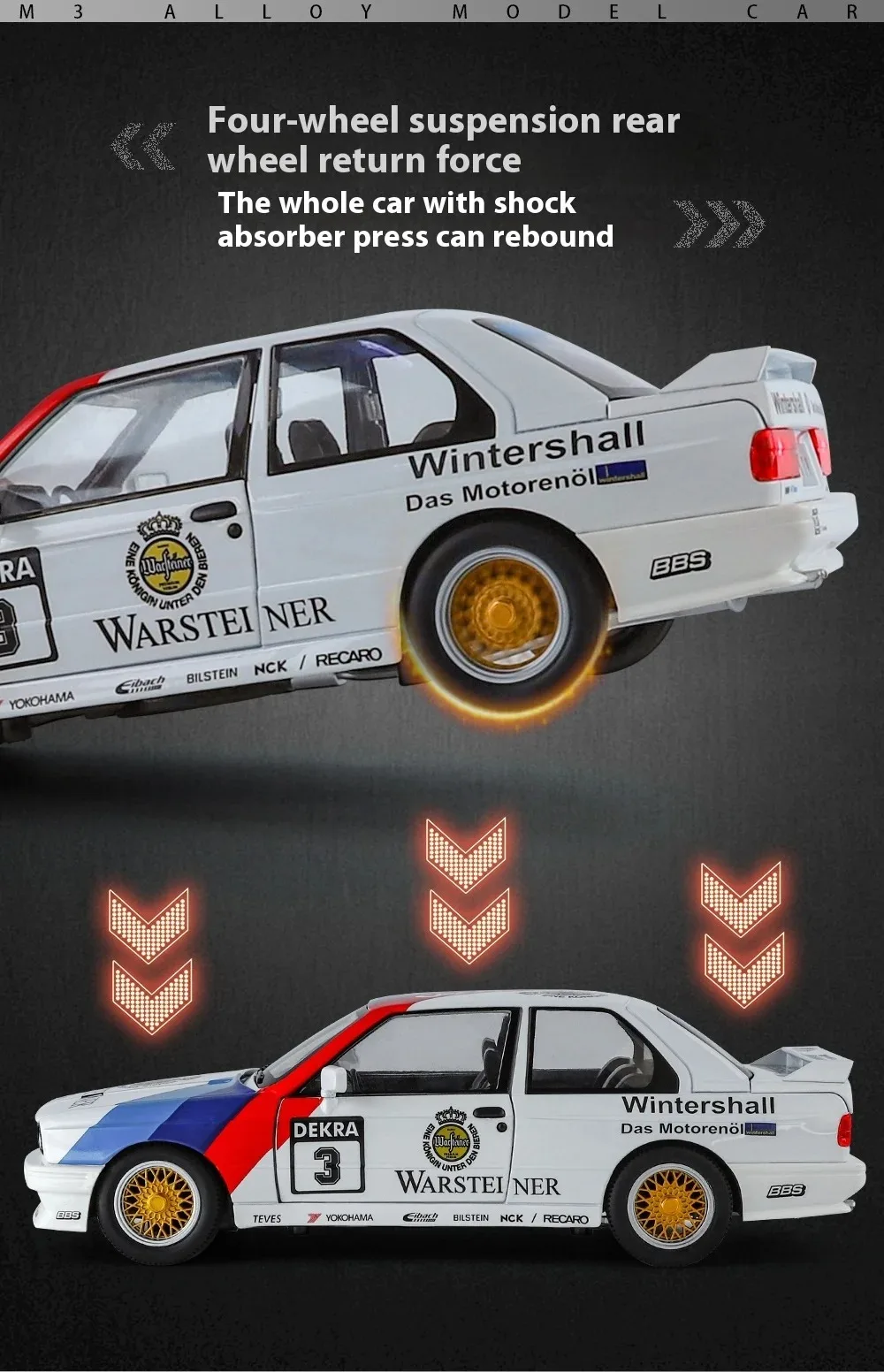 1:24 M3 E30 1987, Modellauto aus Metall, mit Sound- und Lichteffekten, Rückziehfunktion, Kinderspielzeug, Sammlerstück, Geburtstagsgeschenk. – Detail 19