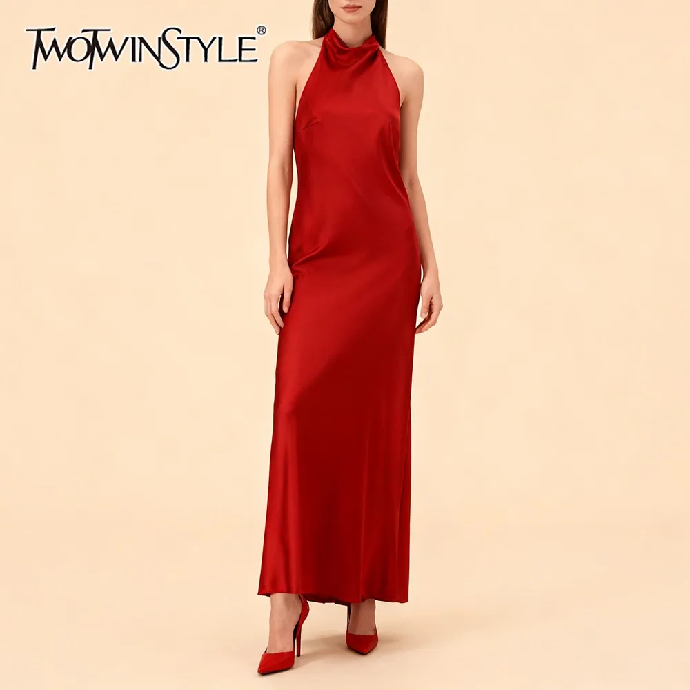 DEUX TWINSTYLE Dos Nu À La Mode Robe De Soirée Pour Femmes Halter Cou Sans Manches Taille Haute Rouge Sexy Satin Longues Robes Femme Nouveau